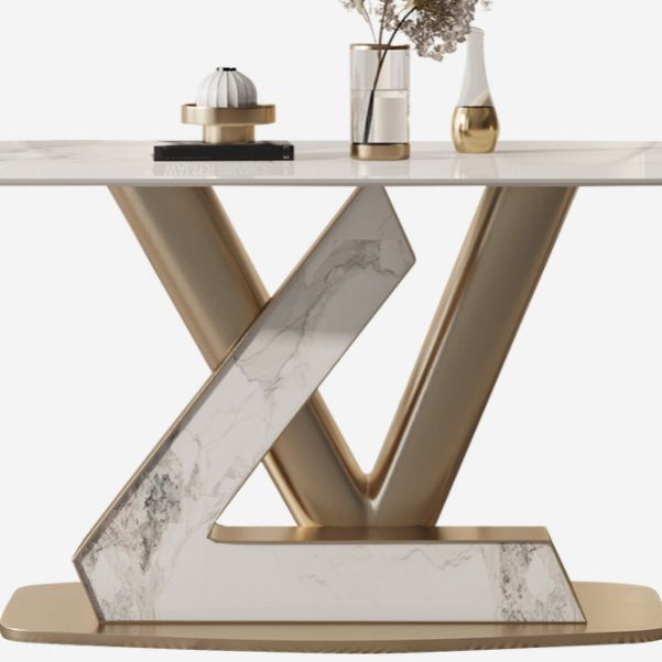 Glam Rectangle Dining Table Sintered Stone Table with Metal Legs for Kitchen