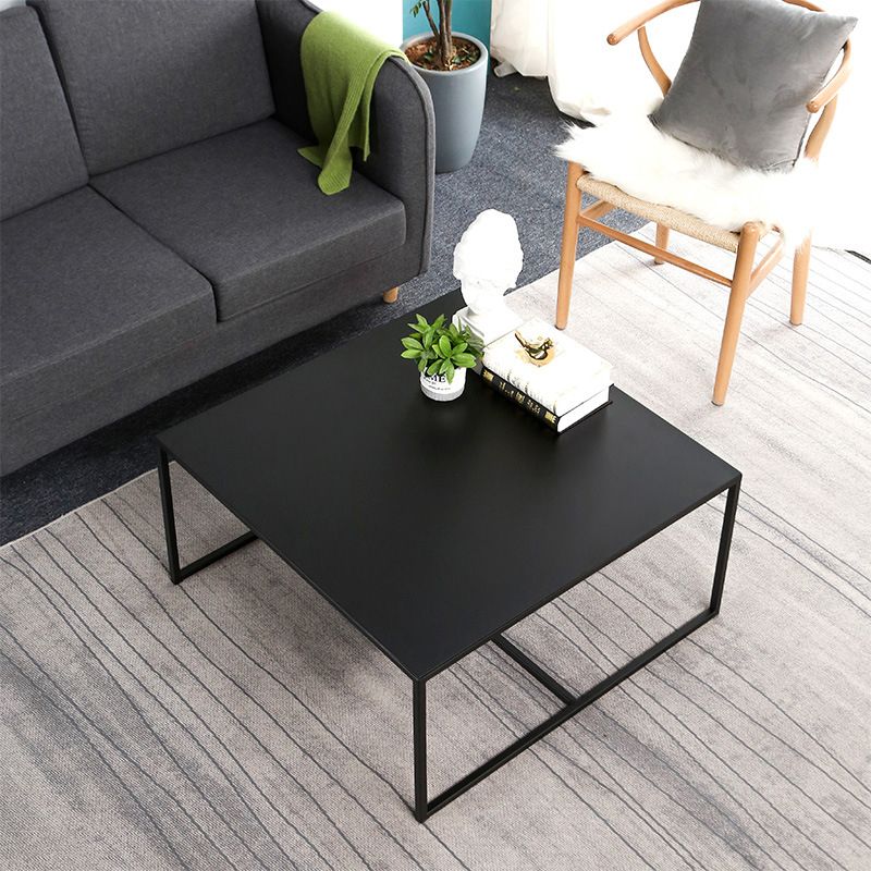 Mid-Century Modern Iron Square Coffee Table with Trestle Base Cocktail Table