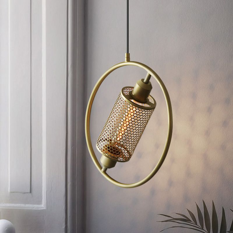 1 Bulb Hanging Ceiling Light Colonial Cylinder Metal Mesh Pendant Lamp with Ring in Black/Gold, 14"/18" Wide