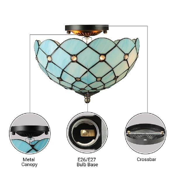 Plafonnier bleu pour chambre à coucher, éclairage semi-encastré floral à 2 lumières avec décoration de bijoux, style Tiffany