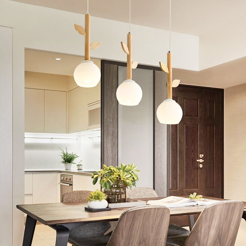 Branch Multi Light Pendant Modern Style Wood 3 Bulbs Restaurant Hanging Lighting with Globe Cream Glass Shade