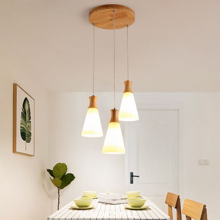 Nordic 3 Lights Pendant Wood Geometric Hanging Light Fixture with White Glass Shade