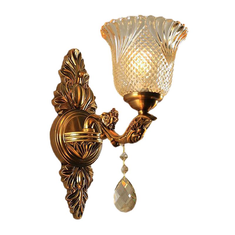 Lattice Glass Bell Wall Light Traditional 1/2-Head Living Room Sconce Lighting in Brass