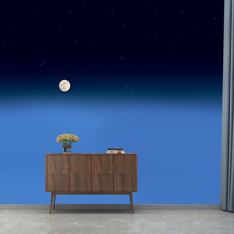 Large Distant Moon Mural Wallpaper Blue Non-Woven Wall Art, Washable, Custom Made