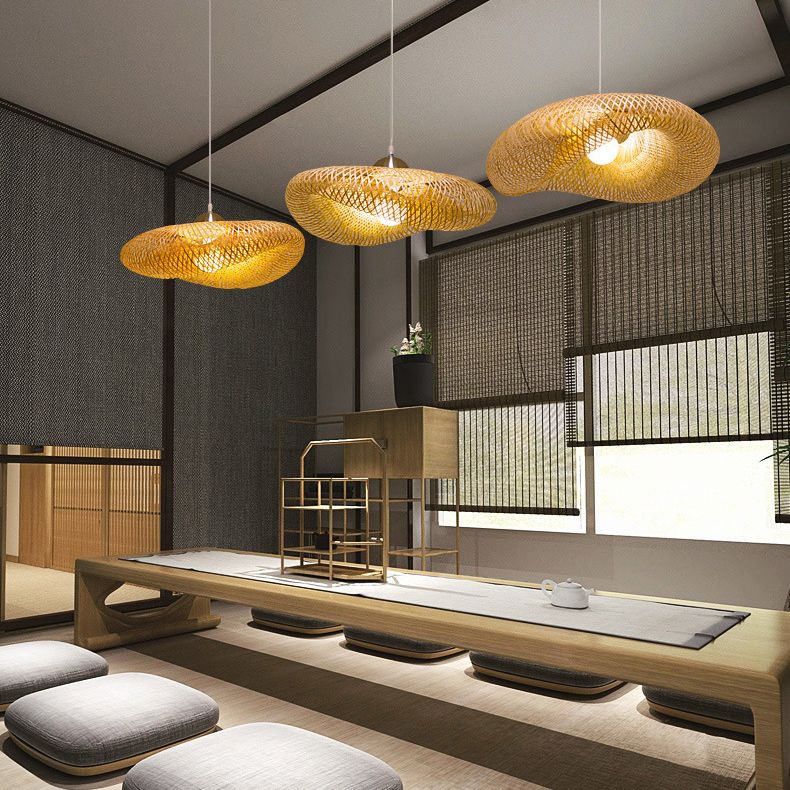 Beige Hat Shaped Pendant Lighting Fixture Asia Style Bamboo Hanging Pendant Light