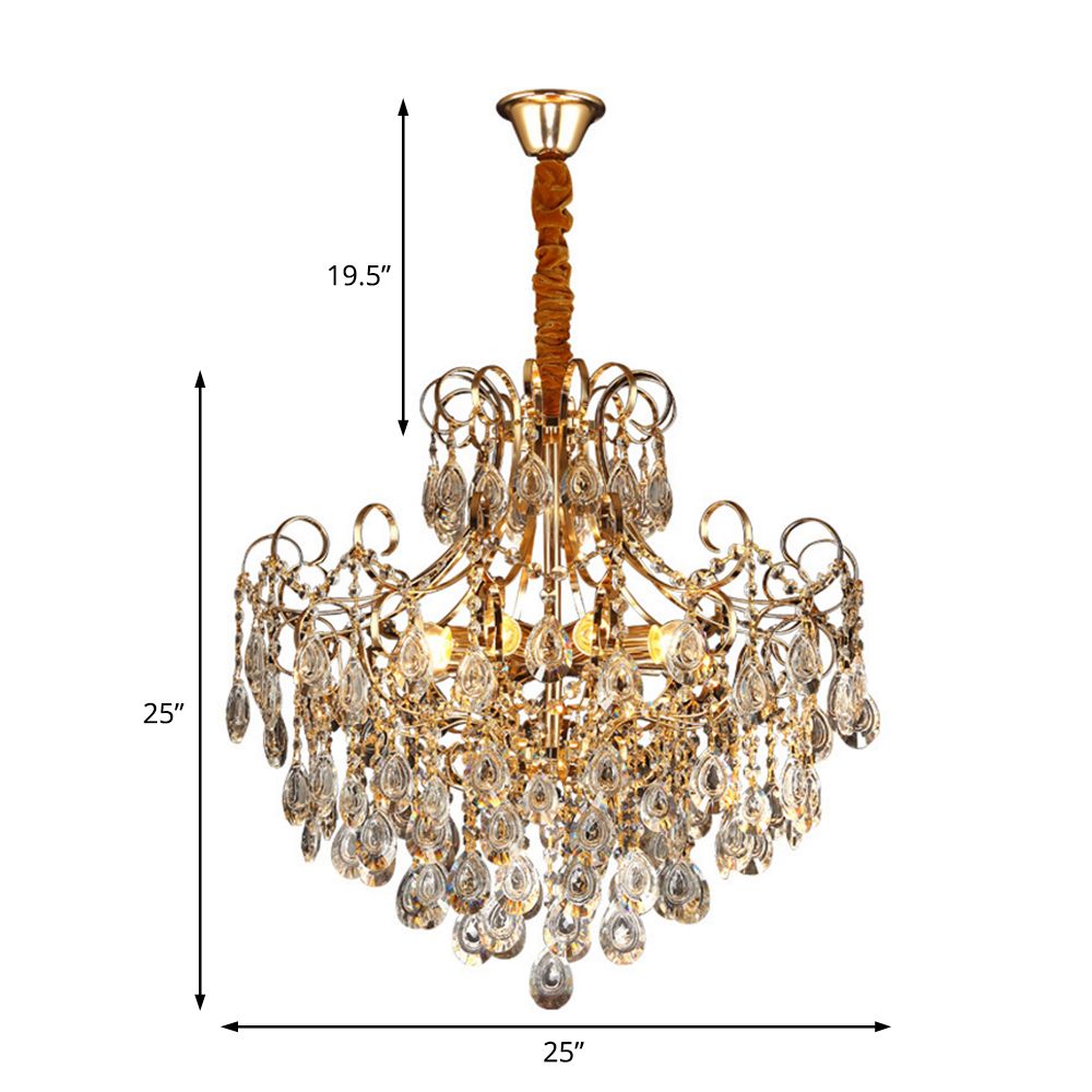 Flared Ceiling Light Fixture Postmodern Metal 5 Lights Gold Chandelier Light with Teardrop Crystal Accent
