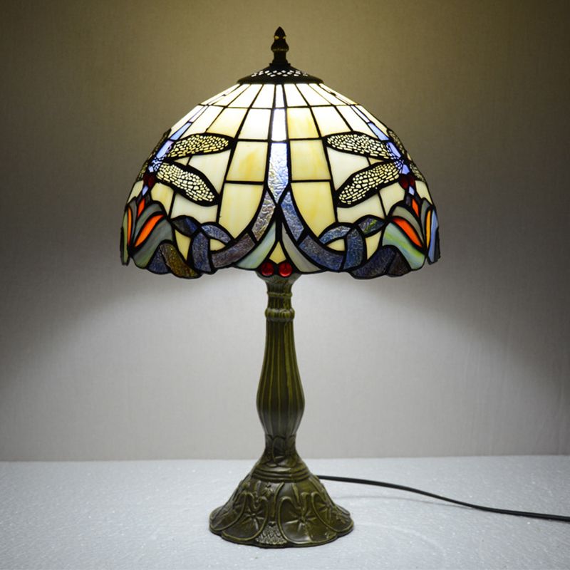 Dragonfly di luce notturno in bronzo in vetro a mano sul fiore 1 lampada da tavolo tiffany per letto