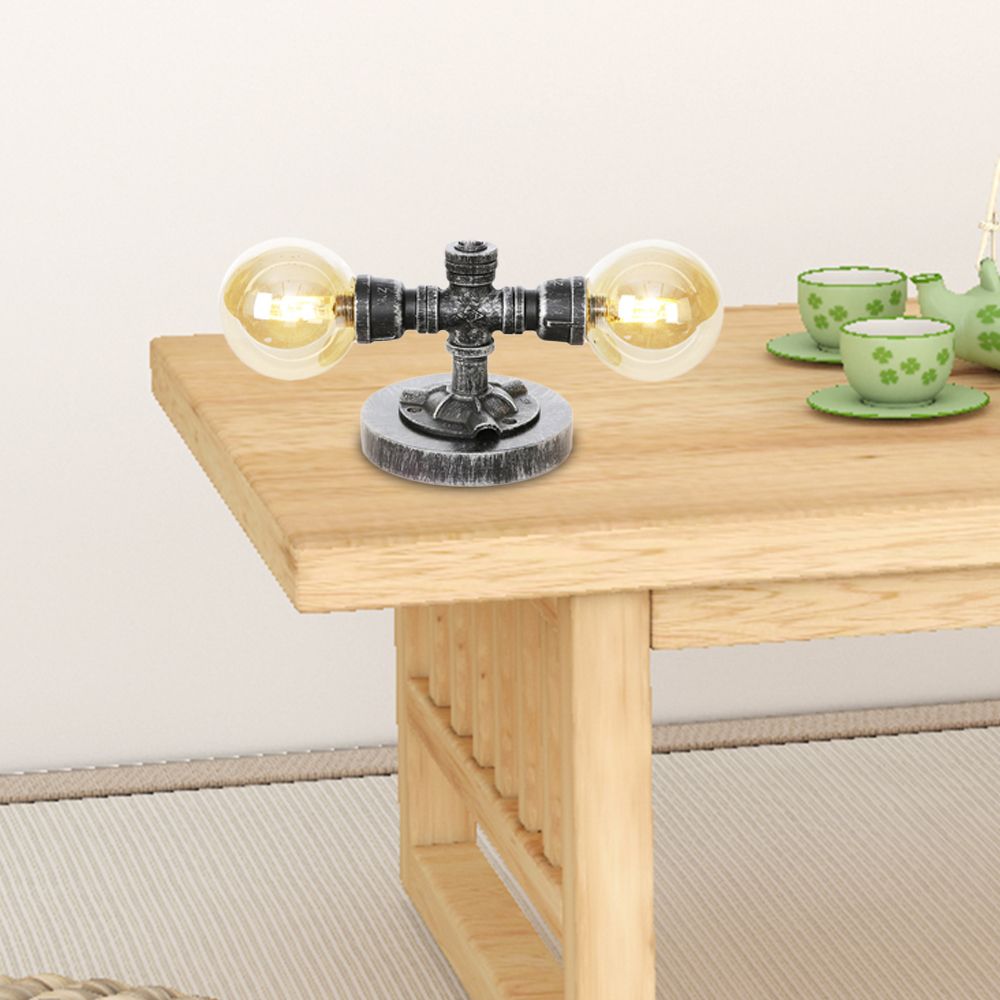 Lámpara de mesa industrial con pantalla redonda, 2 luces, luz de escritorio de vidrio transparente/ámbar en plata antigua con base