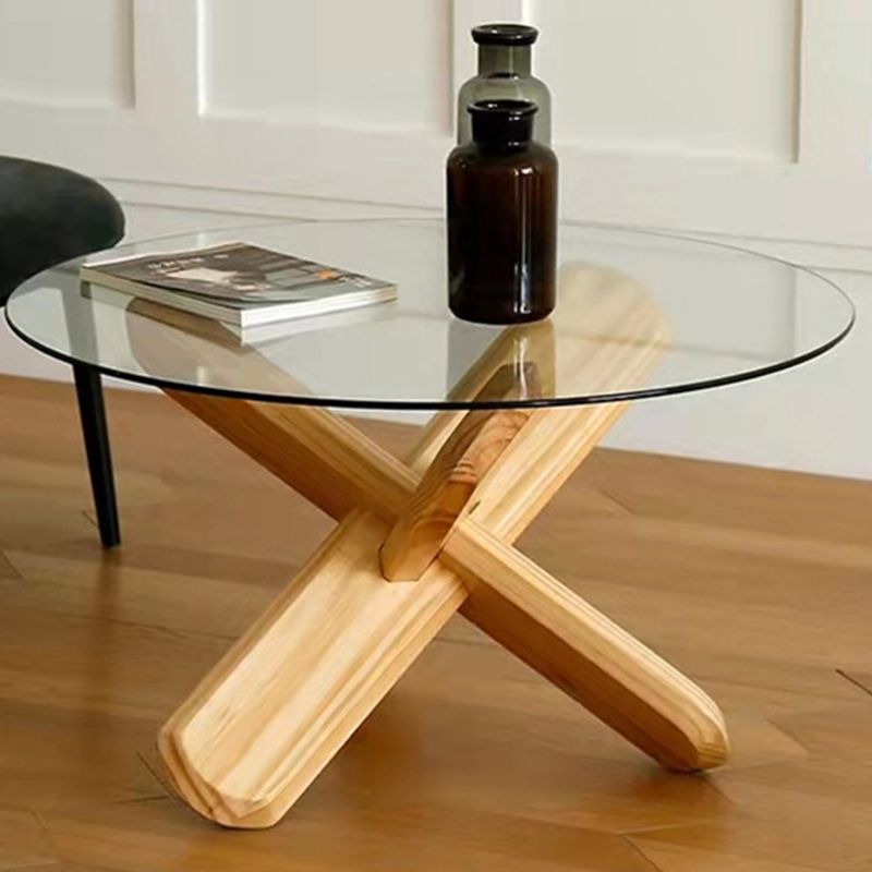 Round 1 Single Coffee Table Tempered Glass Top 3 Legs Wood Cocktail Table