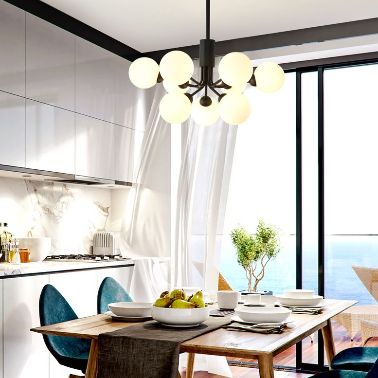 Black Metal Hanging Chandelier Light Modern Opal Glass Shade Ceiling Chandelier for Living Room