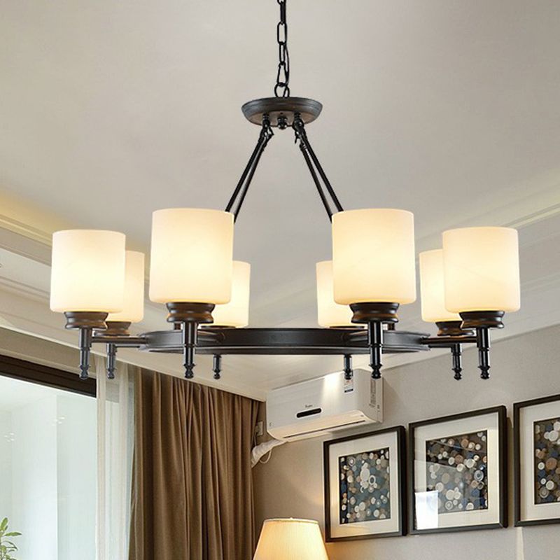 Retro Cylinder Shaped Chandelier Light Opal Glass Pendant Light Fixture for Living Room