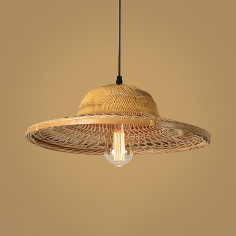 Wood Straw Hat Suspension Light Simplicity 1-Light Bamboo Pendant Lighting Fixture