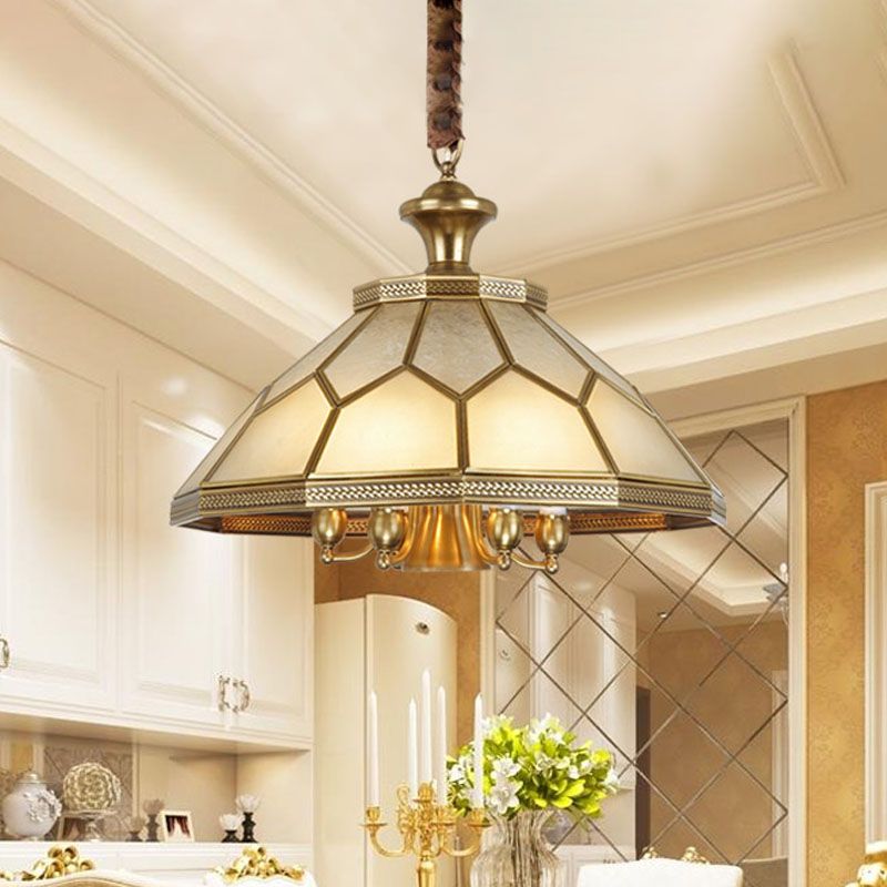 3/7 Lights Chandelier Pendant Light Colonial Conical Ivory Glass Suspension Lamp in Gold for Restaurant, 13"/20.5" W