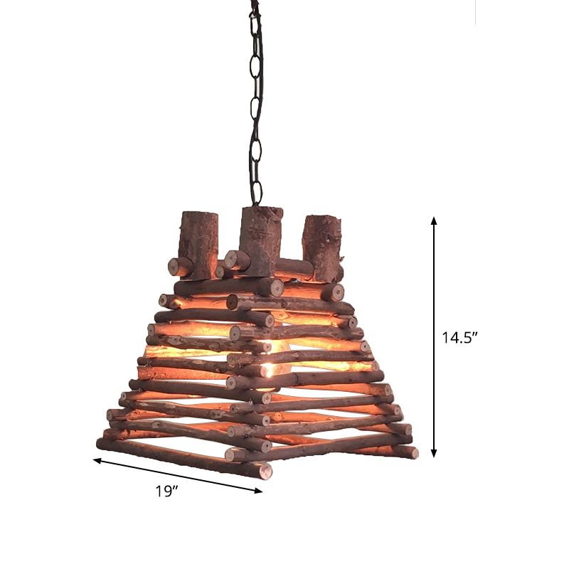 Chinese 1 Head Hanging Light Red-Brown Trapezoid Suspended Lighting Fixture with Wood Shade