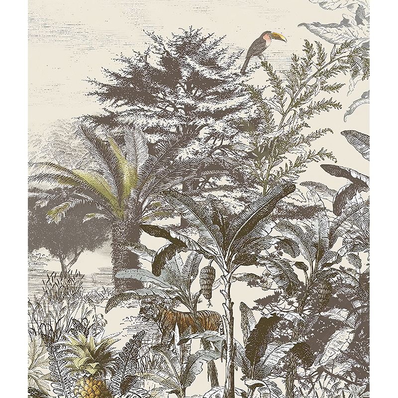 Whole Animal and Plants Mural for Coffee Shop Jungle Wall Art in Grey, Stain-Resistant