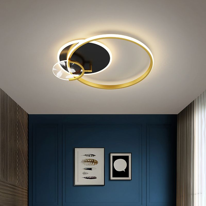 Modern Romantic Feather LED Ceiling Fixture Wrought Iron Geometric Semi Flush Mount for Living Room