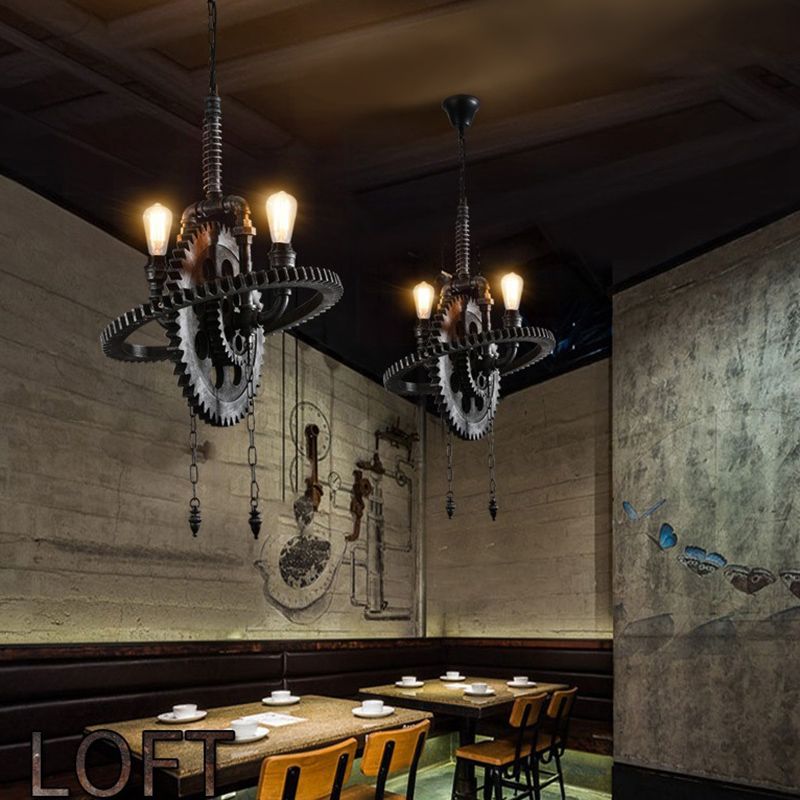 Industrial Vintage 2-Light Hanging Lamp Wrought Iron Inverted Pendant Light for Commercial Place