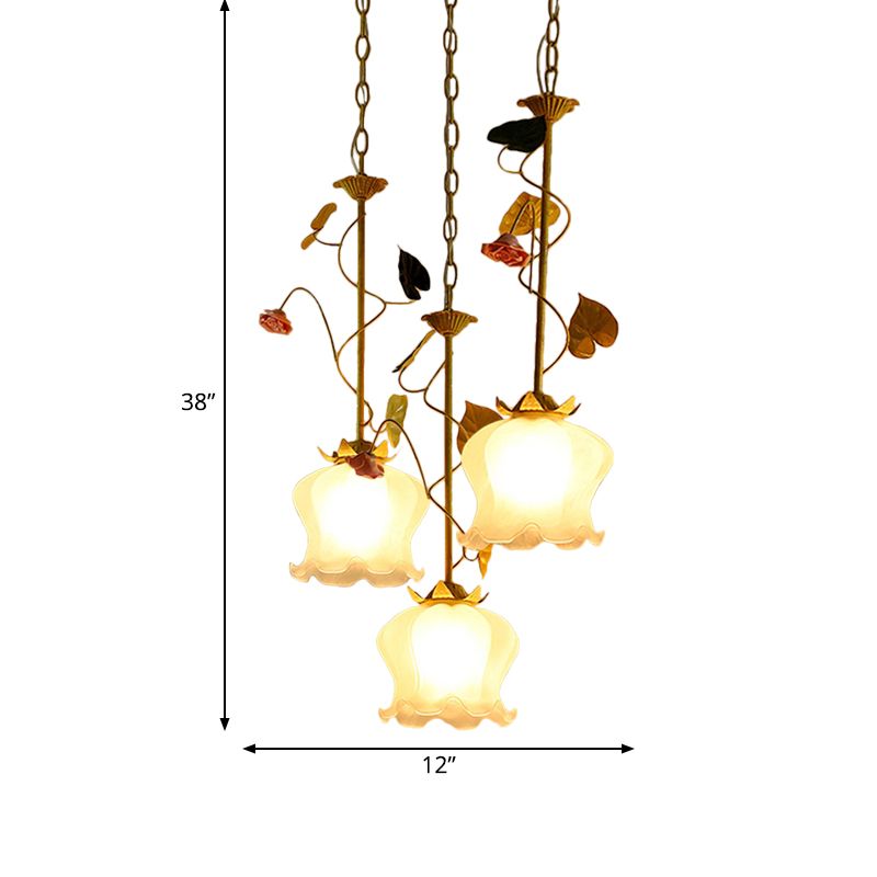 Green 3 Lights Down Lighting Pastoral Frosted Glass Cluster Flower Pendant with Lettuce Edge and Round/Linear Canopy