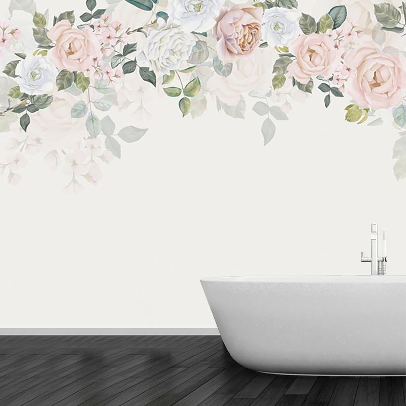 Beige Peony-Edge Mural Decal Stain Resistant Modernist Bedroom Wall Decoration, Non-Woven