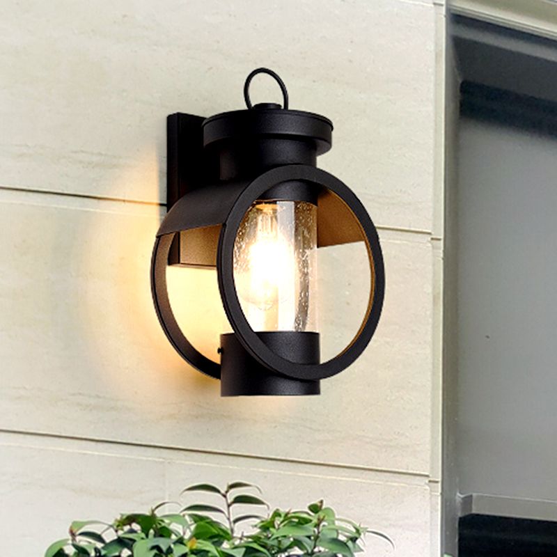 Cylindrical Courtyard Wall Sconce Traditional Seedy Glass 1-Bulb Black Wall Mount Lamp