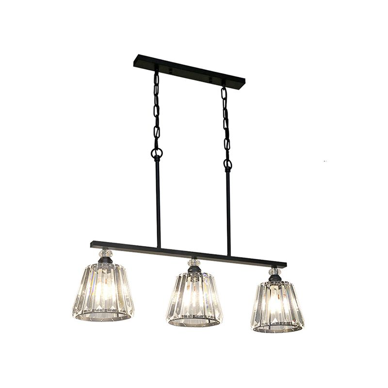 Industrial Cone/Cylinder Island Lighting Clear Crystal 3 Lights Pendant Light in Black for Dining Room