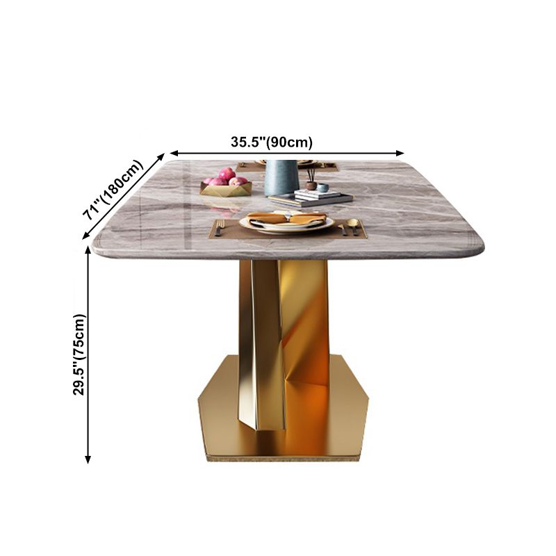 Mesa rectangular de lujo tradicional, mesa de piedra sinterizada gris con base de pedestal dorado