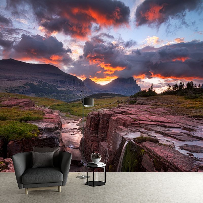 Sunset Rift Valley Cascades Mural Orange Modernist Wall Covering for Bedroom, Non-Woven