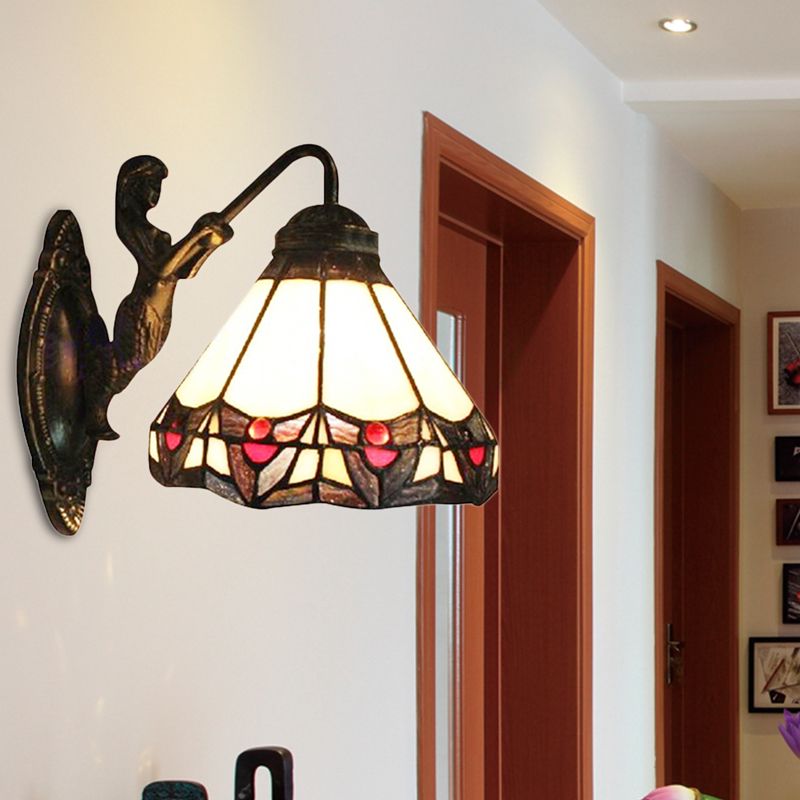 Beige Glass Cone Wall Mounted Light Tiffany 1 Head Antique Bronze Sconce Light for Hallway