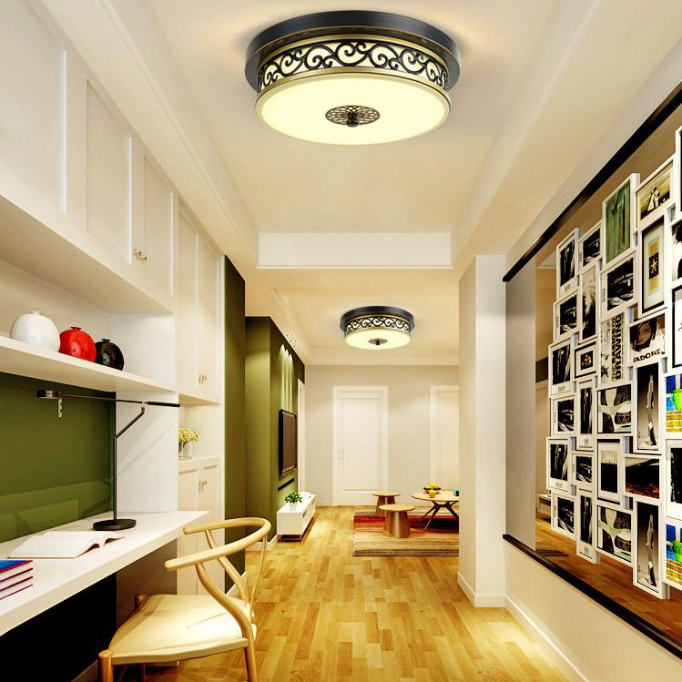 Drum Shaped LED Ceiling Lamp Traditional White Glass Flush Mount Lighting for Dining Room
