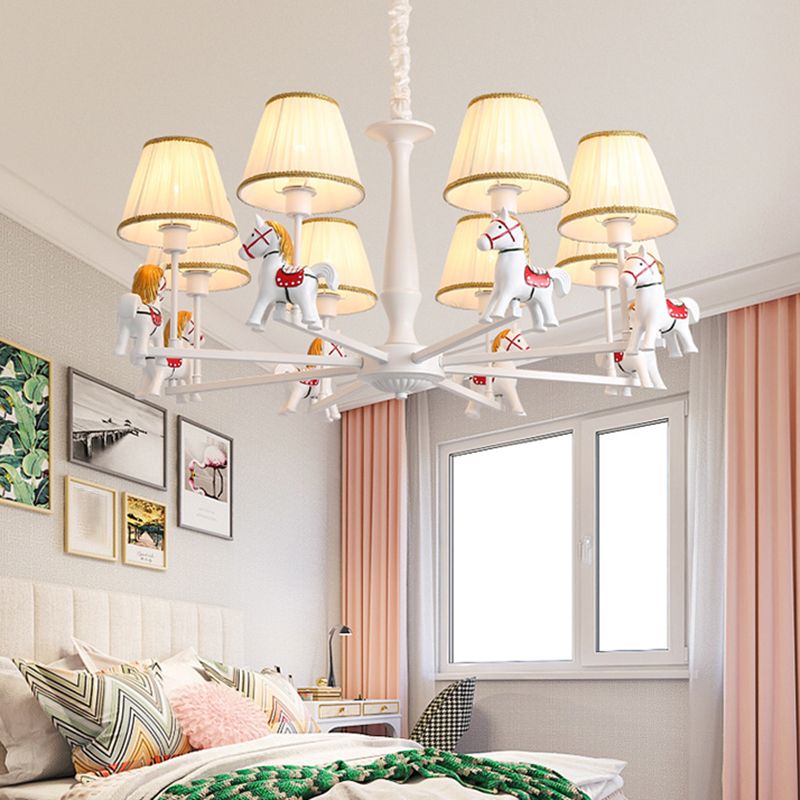 Pleated Fabric Tapered Ceiling Lighting Cartoon White Chandelier Light Fixture with Resin Horse