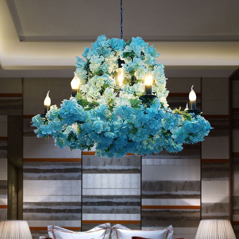 Industrial Candle Chandelier Light Fixture 6/8 Bulbs Metal LED Suspension Lighting in Blue with Cherry Blossom