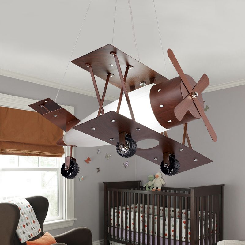 Kids Single-Blue Chandelier Coffee Finish Biplane Ceiling Suspension Lamp with Opal Glass Shade