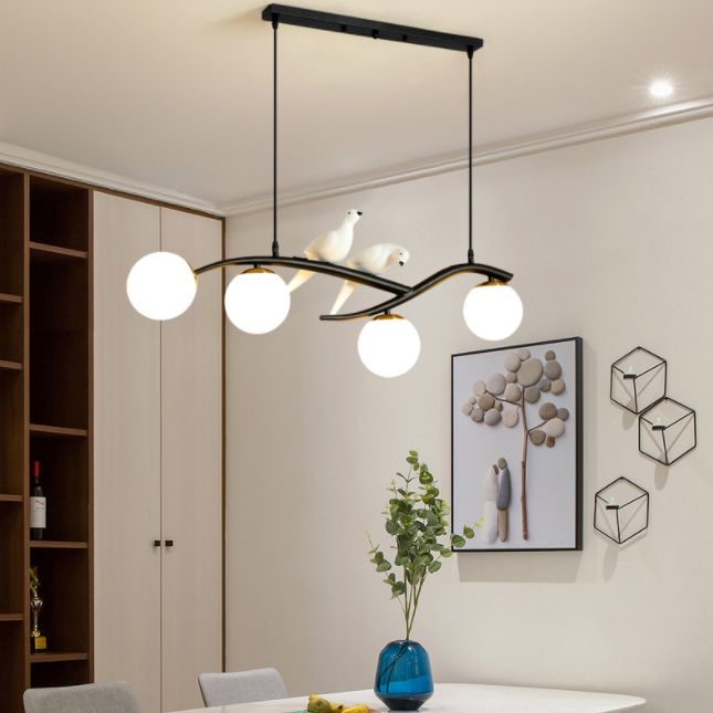 Wrought Iron Island Pendant Light in Modern Luxury Style Glass Sputnik Ceiling Light with Resin Bird Decoration