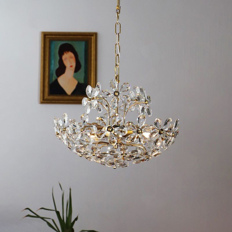 Vintage Brass Art Deco  Hanging Chandelier Light  Floral Clear Crystal  Interior Drop Lamp