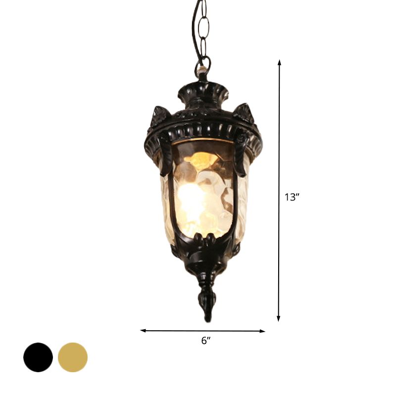1-Head Aluminum Ceiling Light Country Black/Brass Urn Garden Hanging Lamp Fixture with Water Glass Shade
