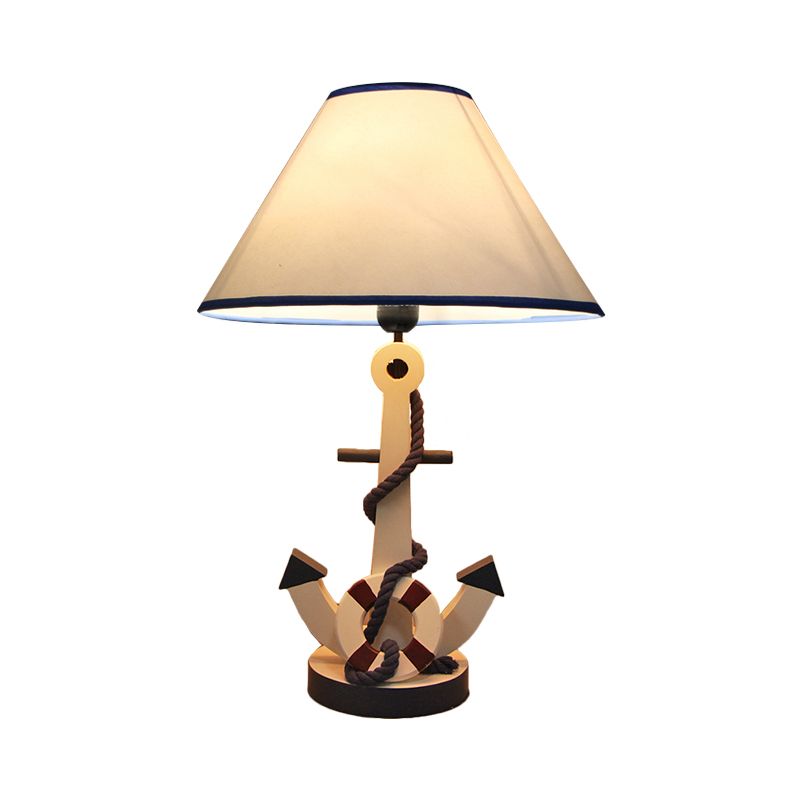 LifeBuoy / Rudder Wooden Table Light Kids Light Blue Blue Nightstand Lampe avec une teinte en tissu conique