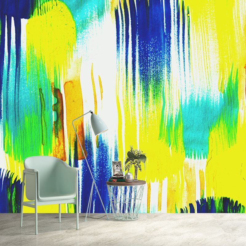 Yellow-Blue Brush Stroke Mural Decal Watercolor Modern Washable Wall Art for Living Room