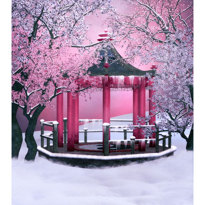 Large Flower and Pavilion Mural Contemporary Chilling Winterscape Wall Decor in Pink