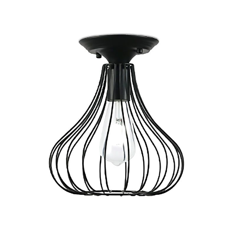 Retro Loft Globe / Pear Cage Ceiling Fixture 1 Light Metallic Semi-Flush Mount Light in Black for Hallway