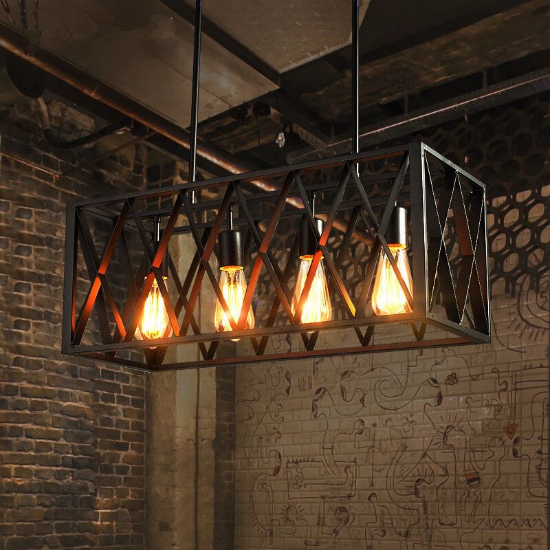 Rectangular Island Light Industrial Style Black Ironwork Pendant Lighting for Bar
