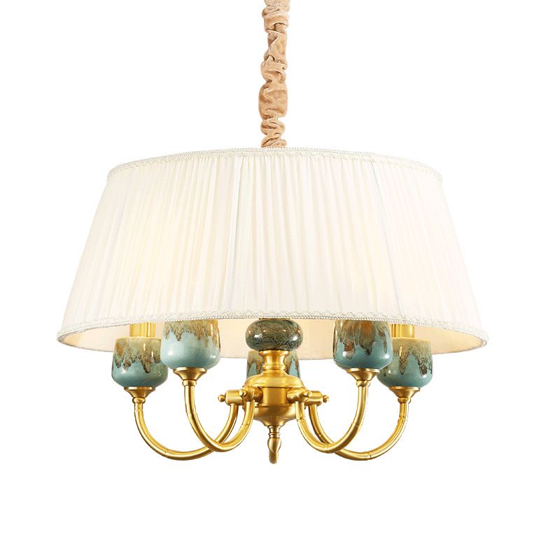 Lampada in tessuto per ombra tamburo Stile rurale a 5 luci sala da pranzo lampadario luce a sospensione in bianco