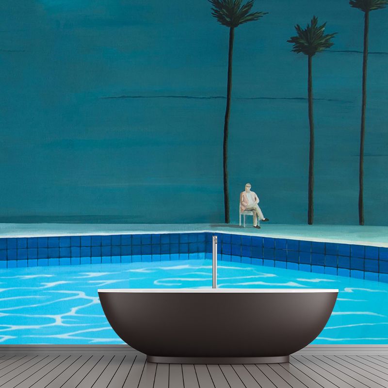 Custom Size Illustration Artistic Mural with Sit by the Pool Side Painting in Blue