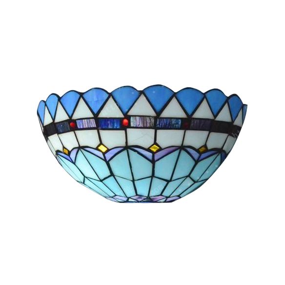 Baroque Bowl Wall Mount Light with/without Pull Chain Stained Glass 1 Light Wall Sconce Lighting in Blue