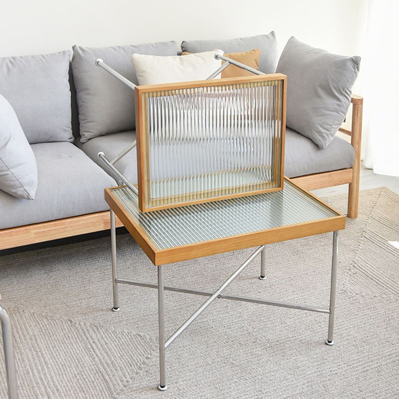 Scandinavian Glass Coffee Table with Wood Accents Cross Legs Cocktail Table
