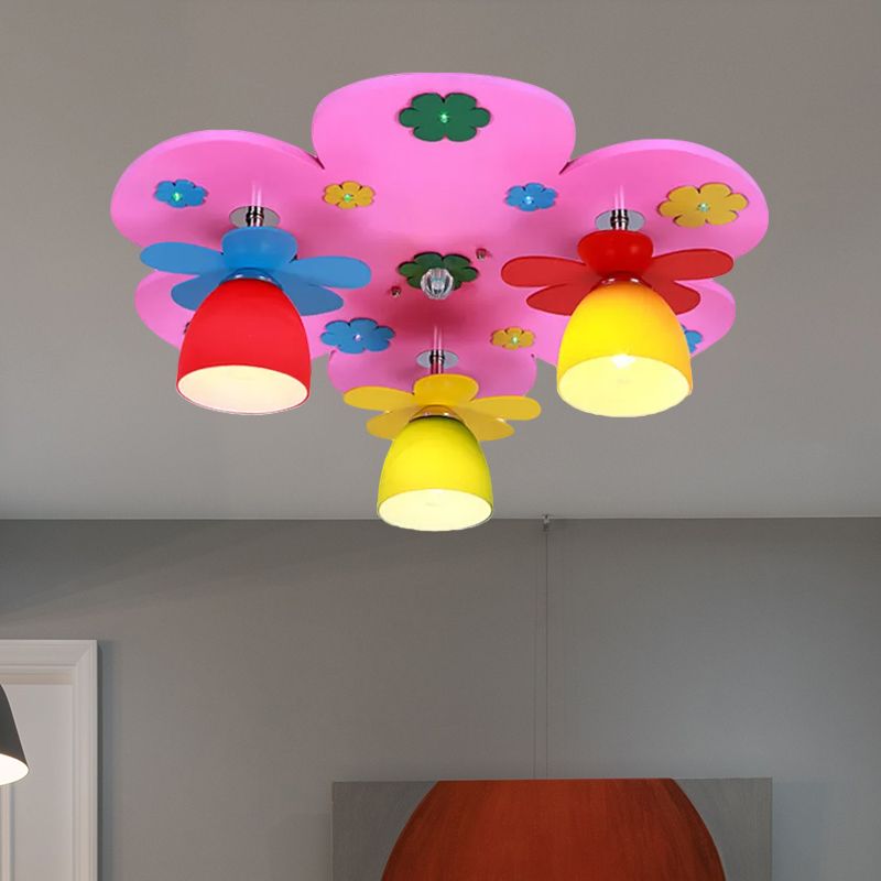 Lámpara de techo en flor para sala de enfermería con pantalla de cuenco, luz moderna de montaje en techo de madera, 3 luces