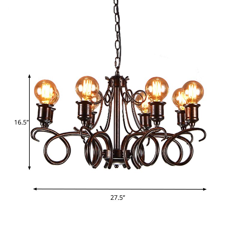 Metal Black Hanging Chandelier Swirled Arm 8-Bulb Traditional Suspension Light for Living Room