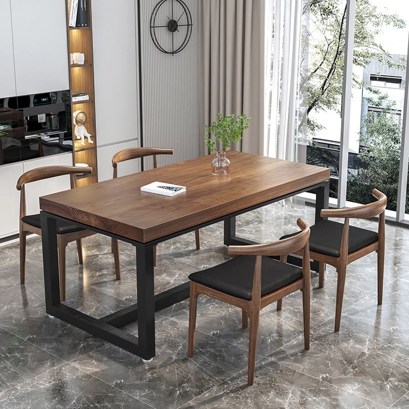 Metal Industrial Rectangle Table Pine Wood Top Indoor Table with Trestle Base