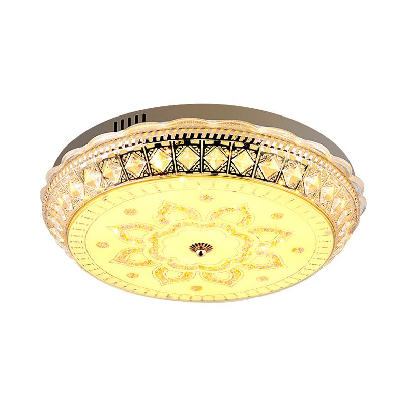 Clear Crystal Embedded Drum Flushmount Modern Living Room LED Flush Ceiling Light with Flower Pattern