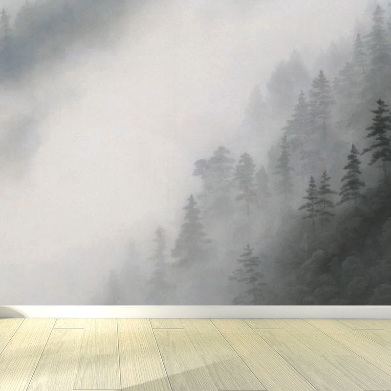 Gray Mysterious Forest Mural Wallpaper Moistureproof Contemporary Dining Room Wall Decor