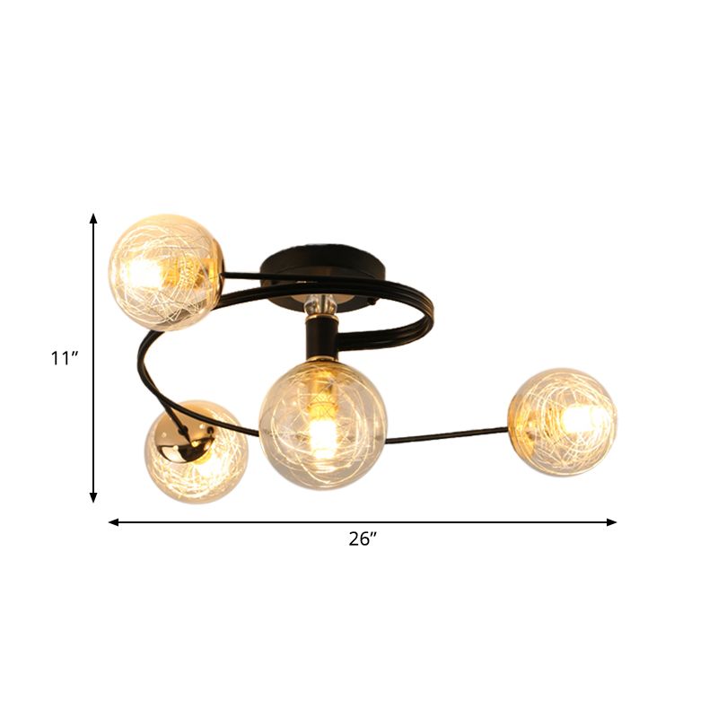 Orb Shade Ceiling Light Fixture Simplicity Transparent Glass 4 Bulbs Black Semi Flush Mount